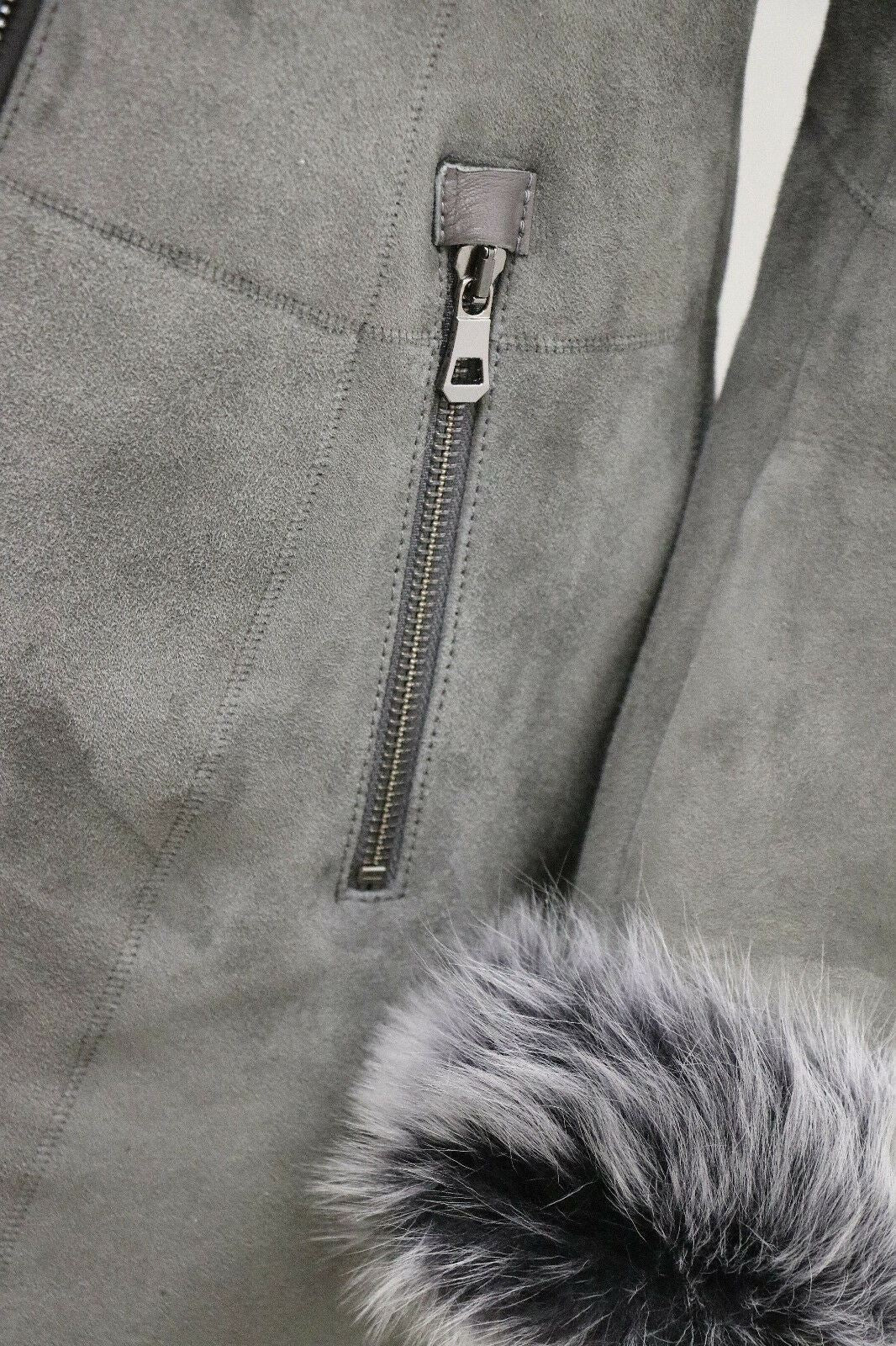 Womens Grey Suede Hooded Merino Sheepskin Coat-Monrovia