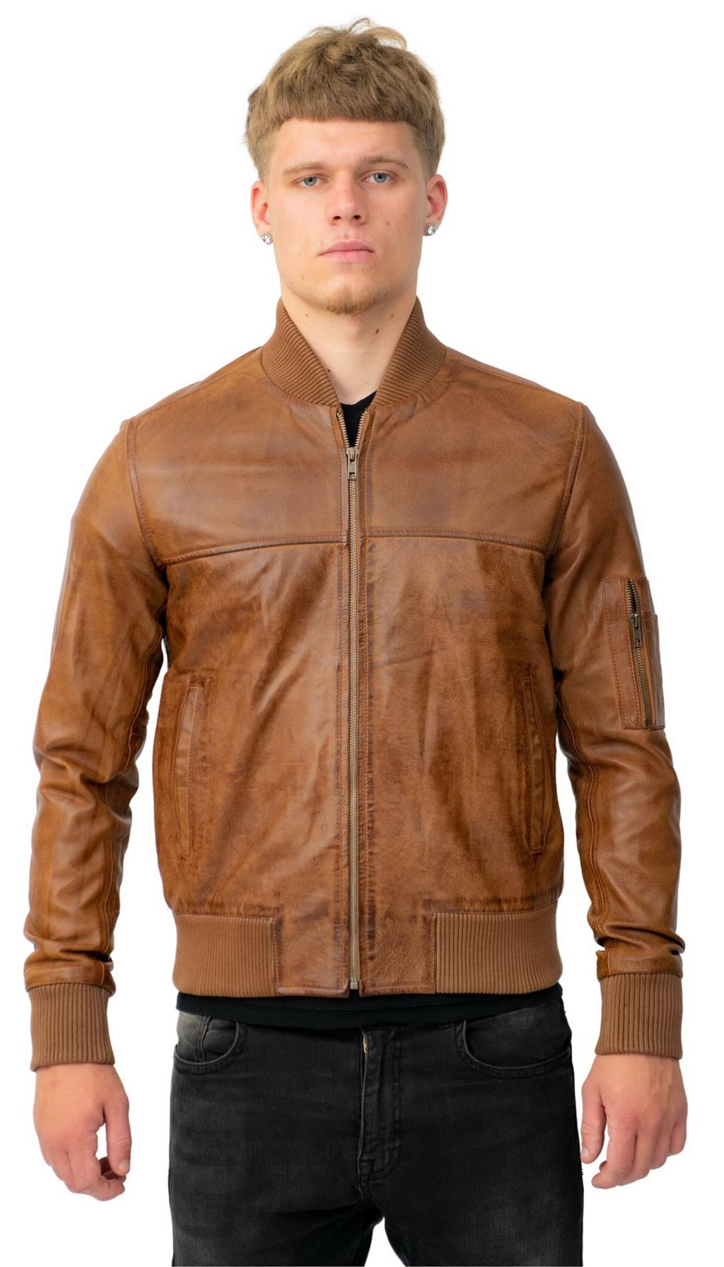 Mens Retro MA-1 Leather Bomber Jacket-Arlington