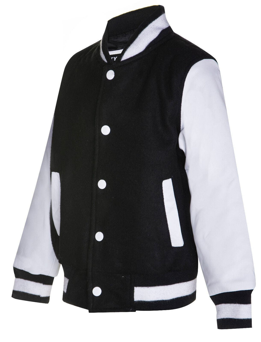 Kids Varsity Black & White Bomber Jacket with Real Leather Sleeves 3-13 yrs