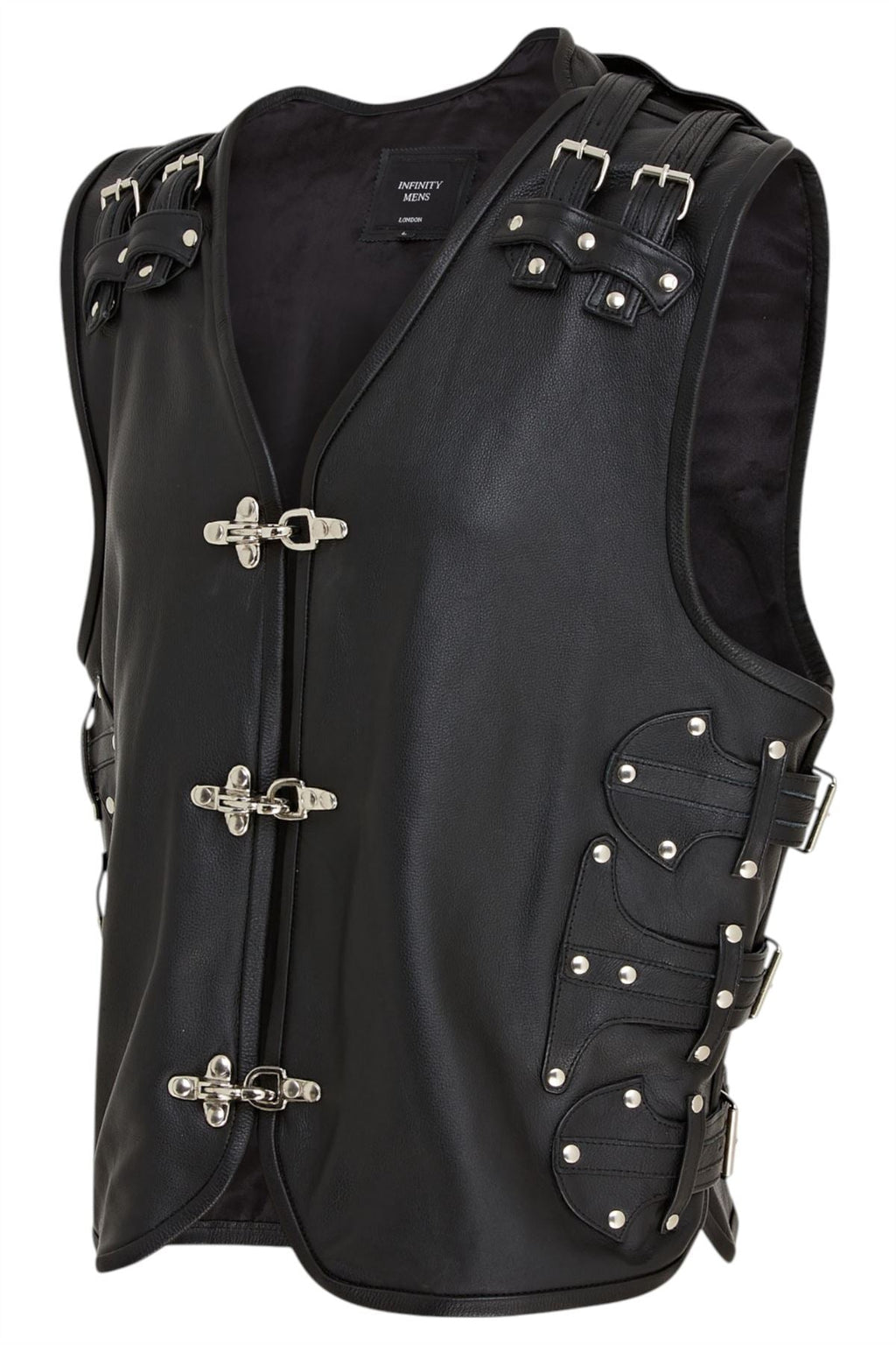 Men’s Black Biker Leather Waistcoat Metal Buckles Vest - Coolgardie