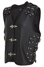 Men’s Black Biker Leather Waistcoat Metal Buckles Vest - Coolgardie