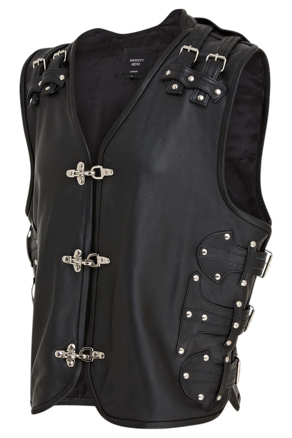 Men’s Black Biker Leather Waistcoat Metal Buckles Vest - Coolgardie