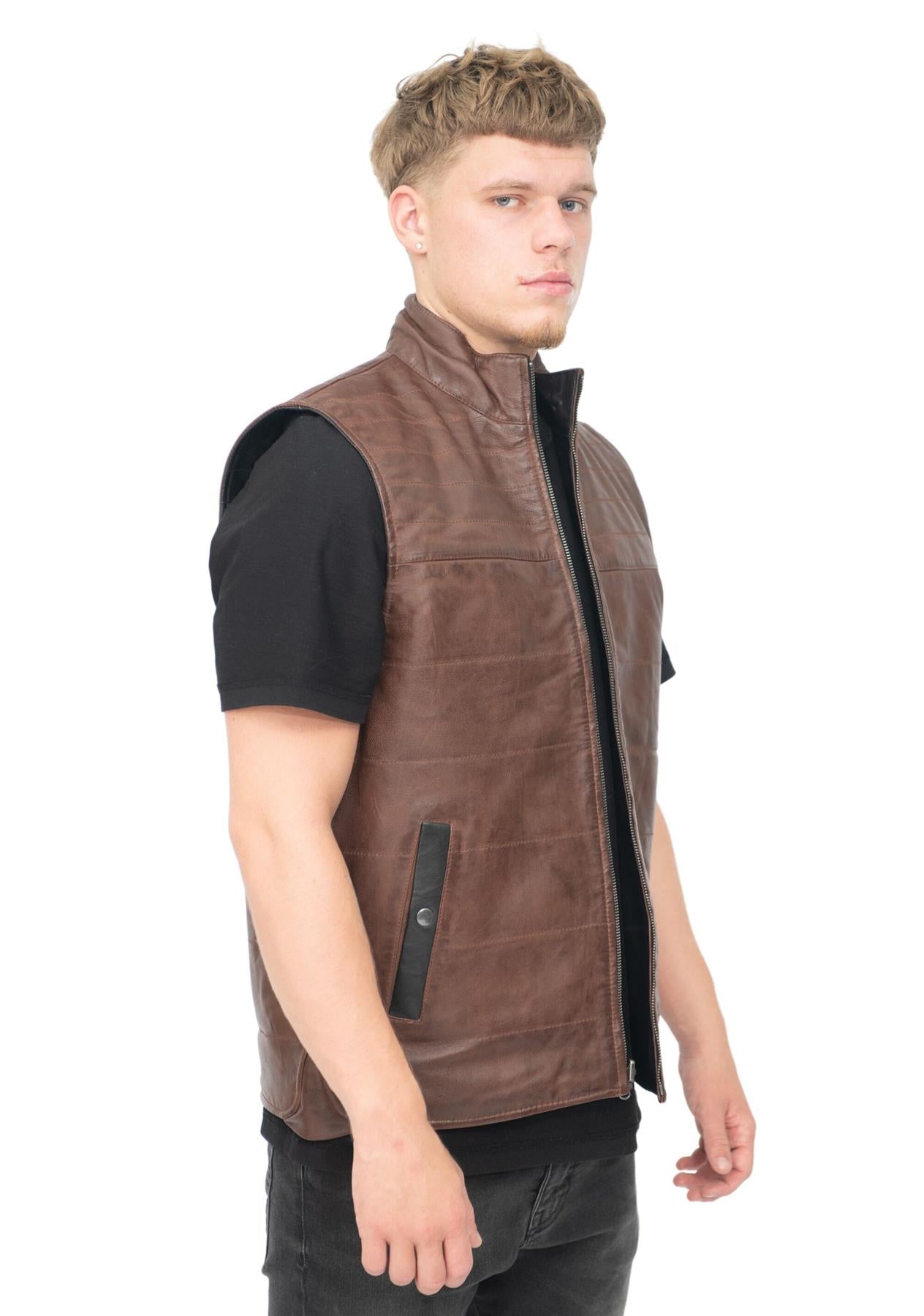 Mens Reversible Black and Brown Leather Gilet-Preston