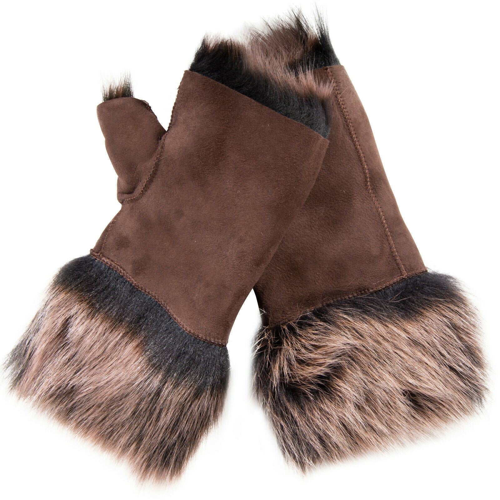 Womens Shearling  Mittens Fingerless Cuffs Toscana Suede Sheepskin Fur