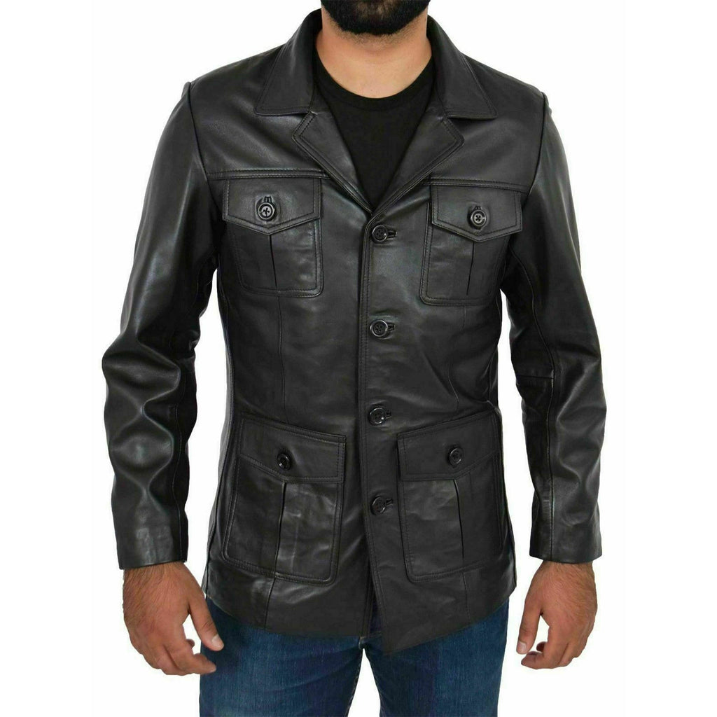 Mens Real Leather Safari Jacket Retro Blazer Coat Sylas Black