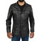 Mens Real Leather Safari Jacket Retro Blazer Coat Sylas Black