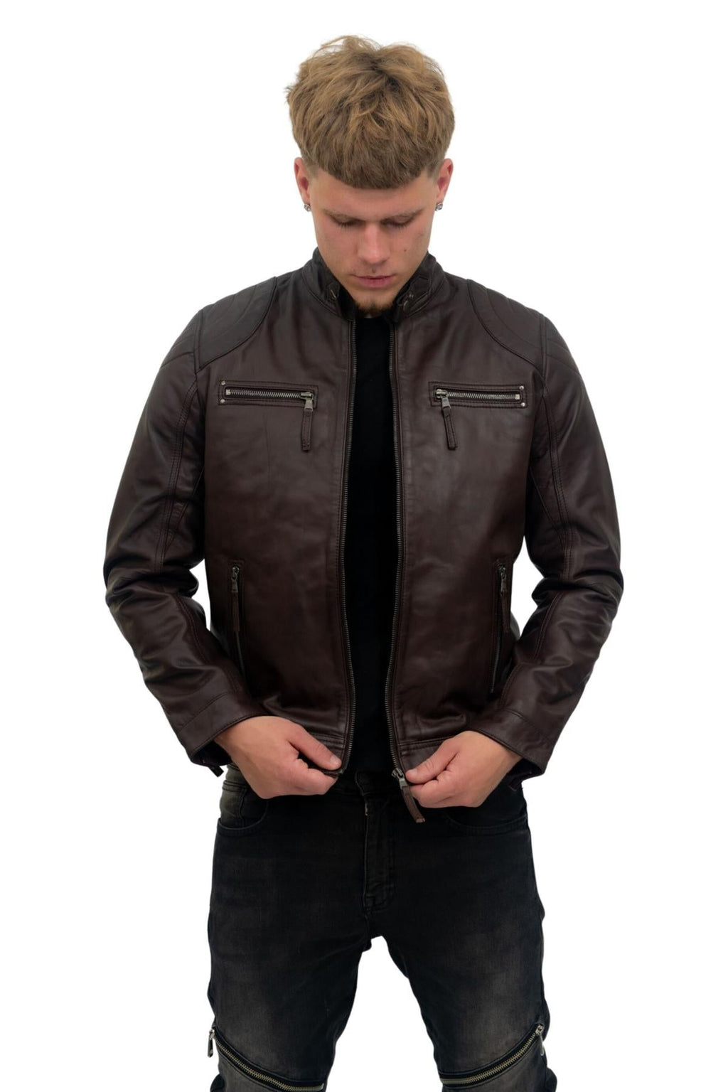 Mens Moto Leather Biker Jacket-Taiwan