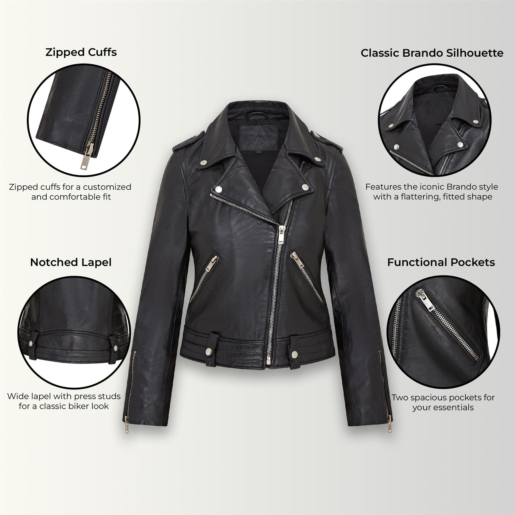 Womens Black Leather Brando Jacket - Chennai
