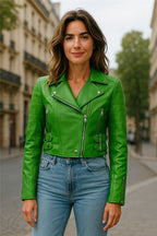 Womens Cropped Brando Leather Biker Jacket-Damascus