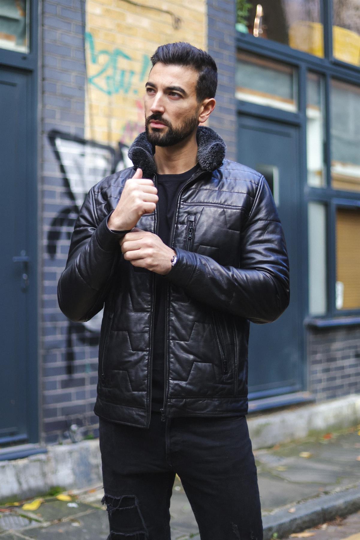 Mens Leather Quilted Puffer Biker Jacket - Thornton