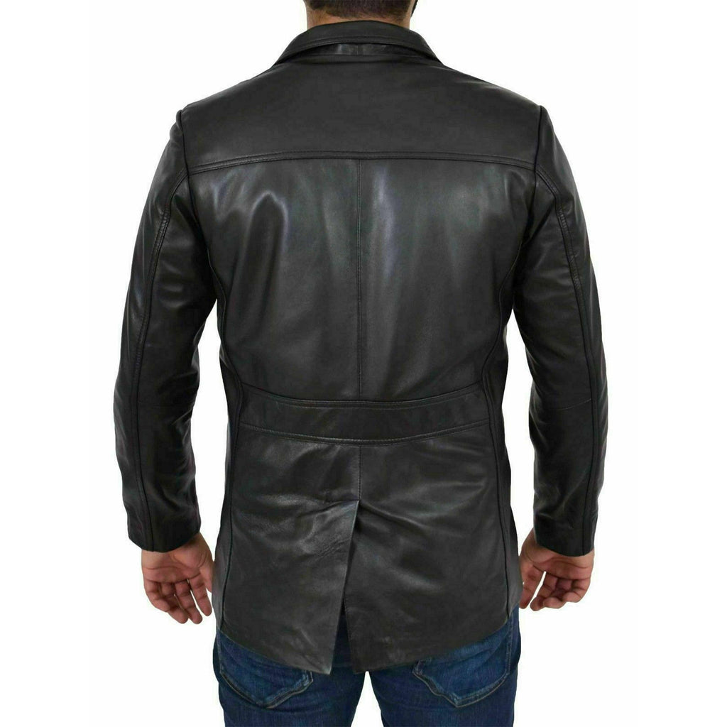 Mens Real Leather Safari Jacket Retro Blazer Coat Sylas Black