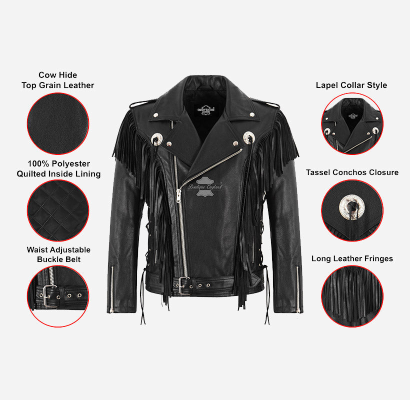 OETHEN Men's Cowboy Fringes Detailing Leather Biker Jacket