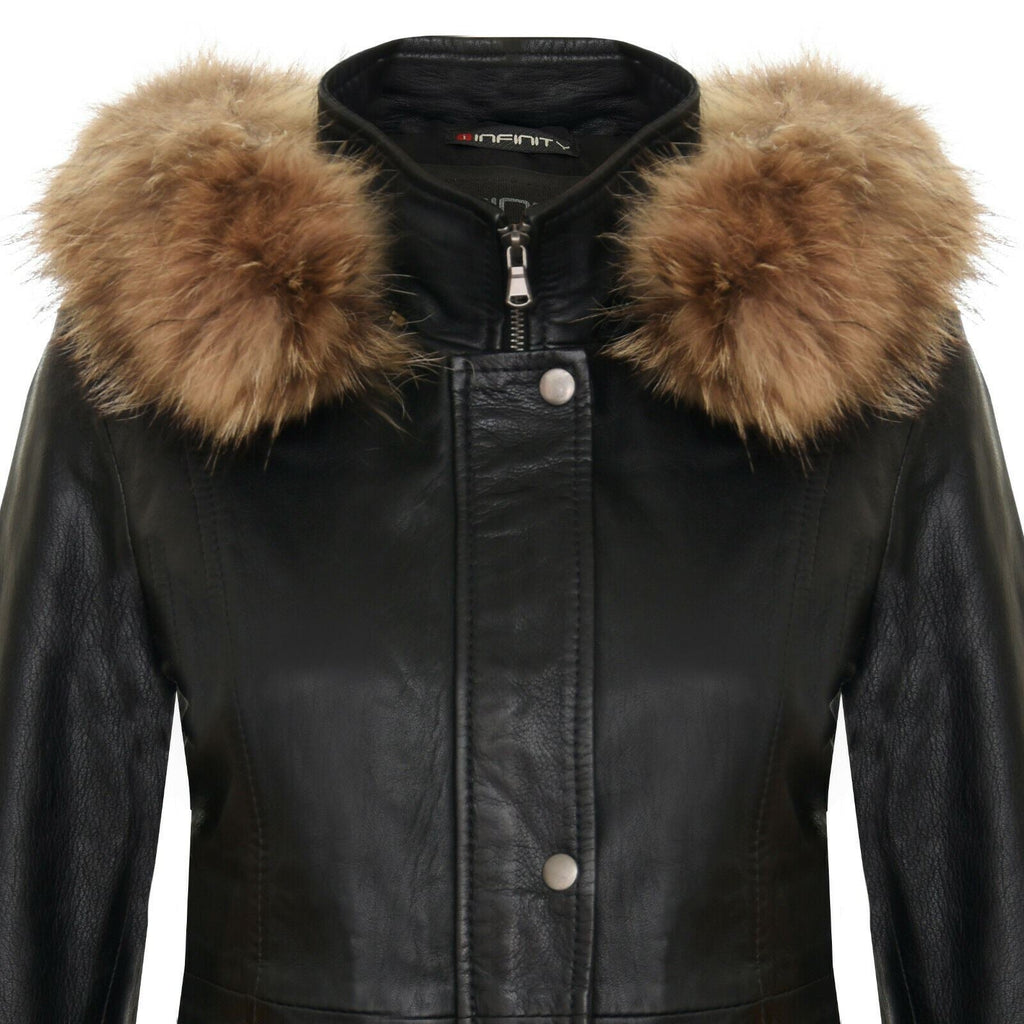 Womens Warm Leather Hooded Parka Jacket-Northwich