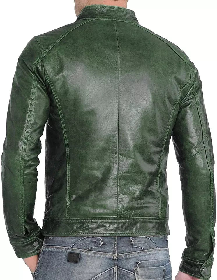 Men's Distress Leather Jackets Motorcycle Bomber Biker Stylish Outerwear Zipper Jacket(Moss Green)