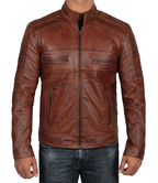 Decrum Brown Leather Jacket Mens - Cafe Racer Real Lambskin Leather Distressed Motorcycle Jacket