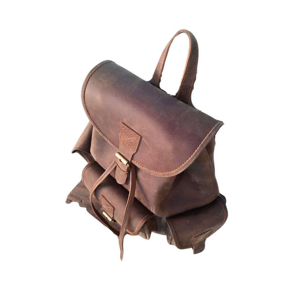 Vintage Dark Brown Leather Backpack - Handmade Leather Drawstring Bag