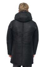 Mens Winter Sheepskin Leather Hooded Duffle Coat-Montpellier