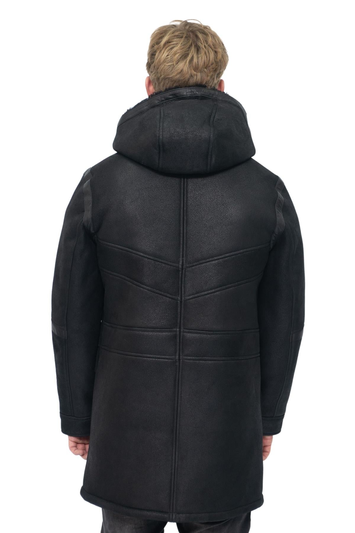 Mens Winter Sheepskin Leather Hooded Duffle Coat-Montpellier