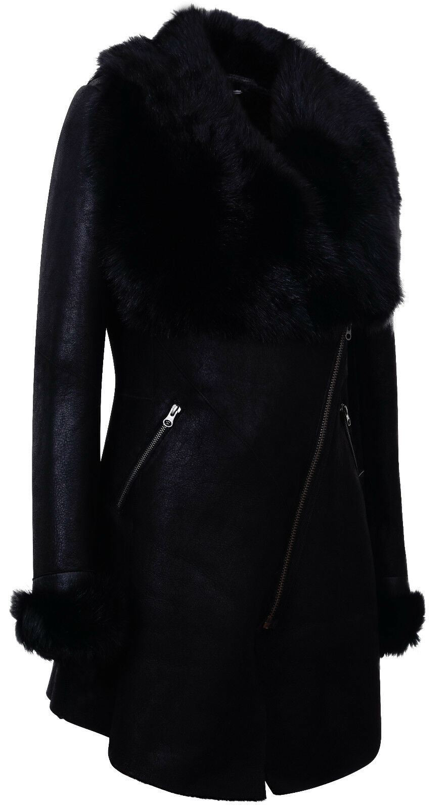 Womens Black Merino Shearling Coat with Toscana Collar-Fortaleza