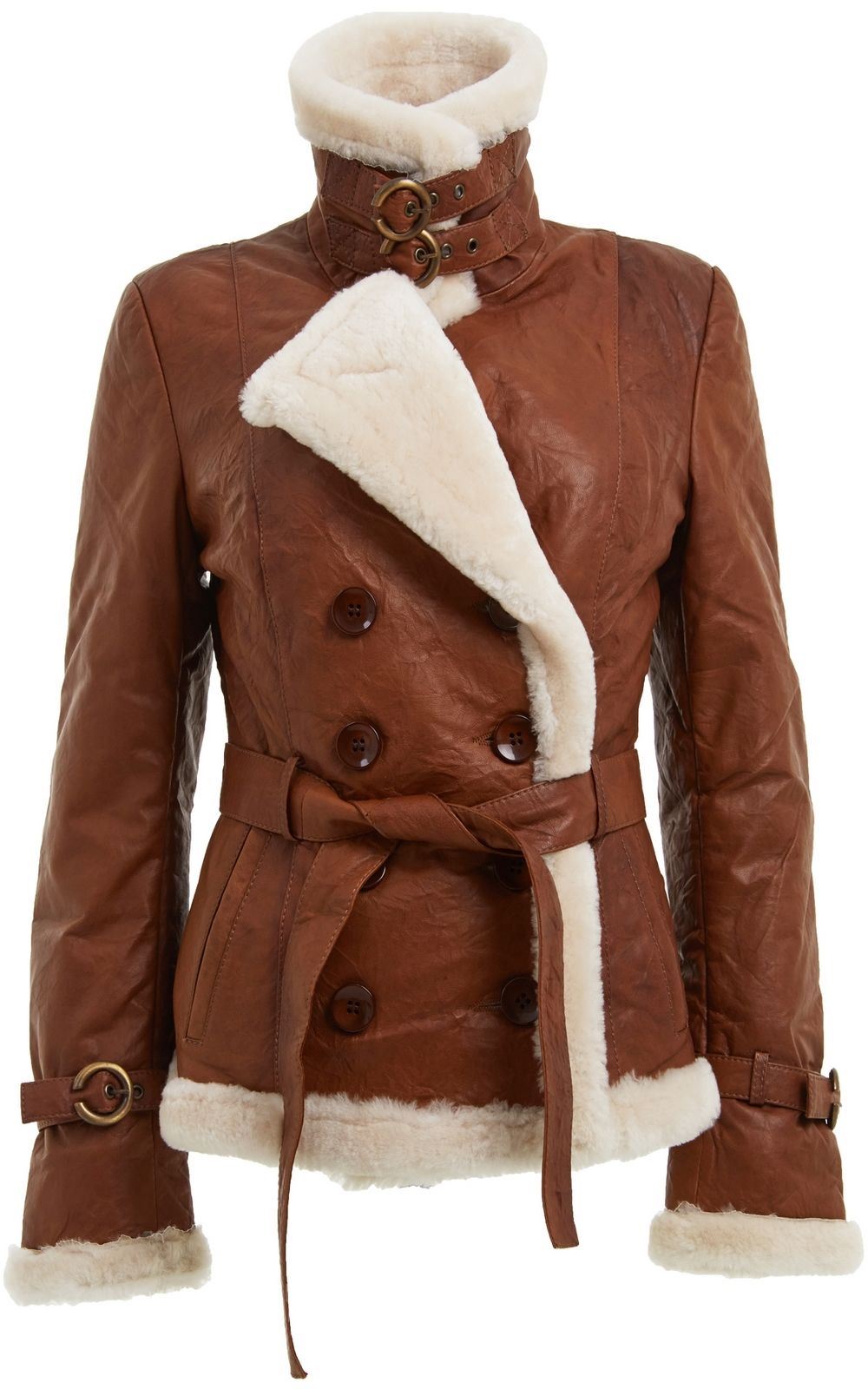 Womens Tan Double Breasted Sheepskin Aviator Jacket-Leshan