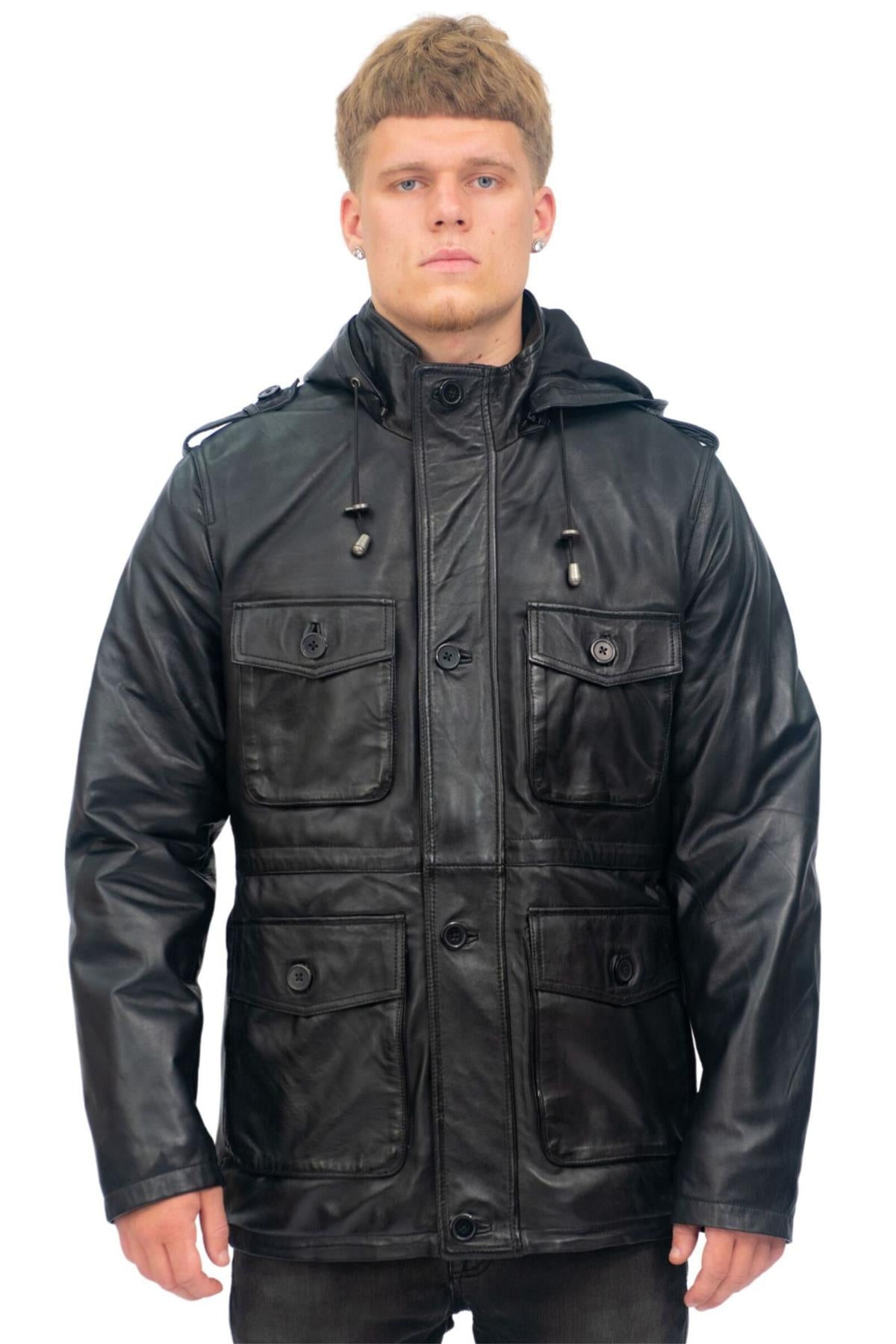 Mens Leather Hooded Trench Coat-Medellin