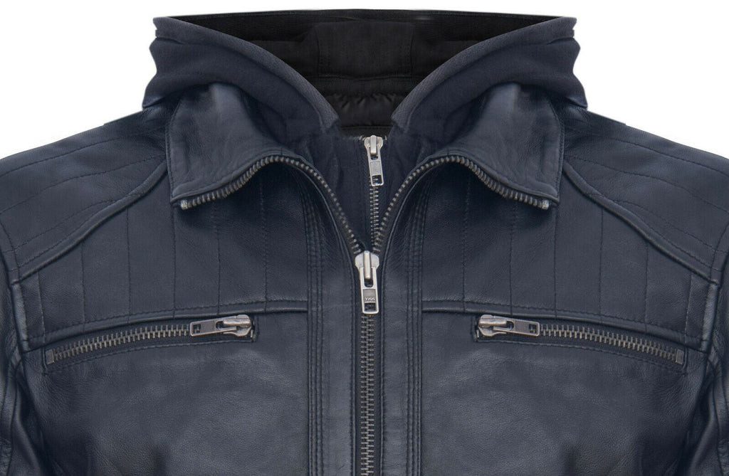 Mens Black Hooded Leather Biker Jacket-Salvador