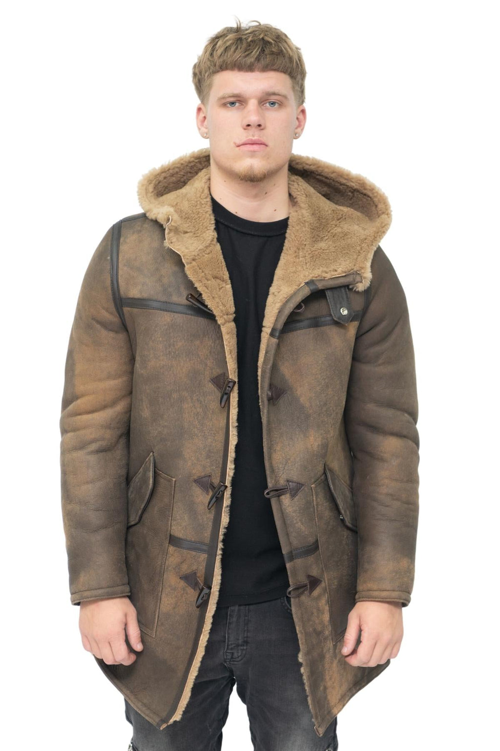 Mens Antique Sheepskin Duffle Coat-Arona