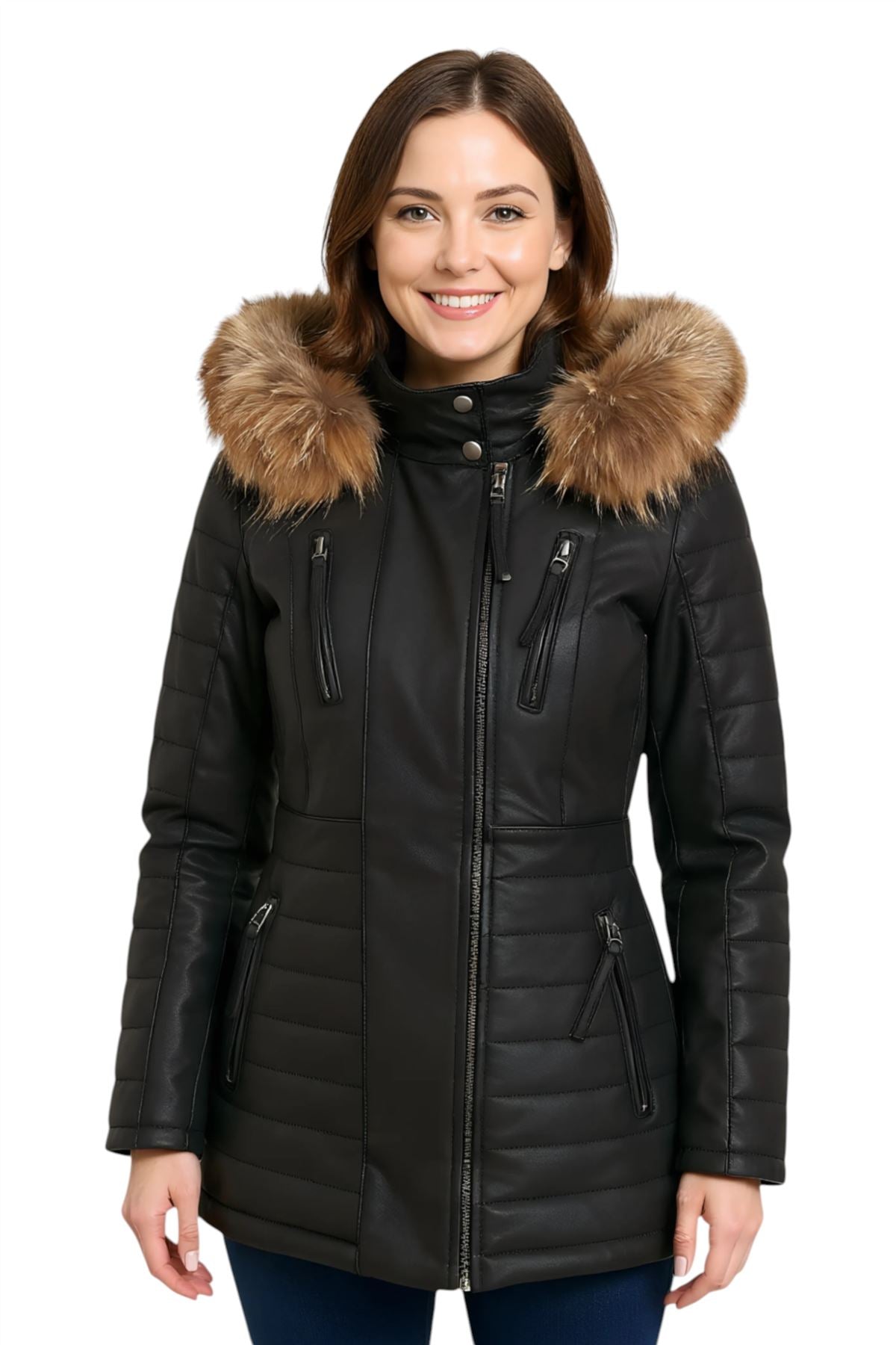 Womens Quilted Leather Parka Jacket-Curitiba
