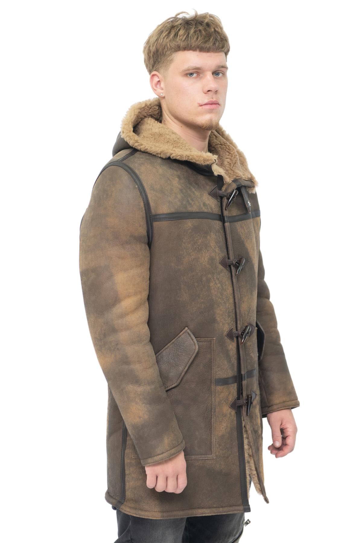 Mens Antique Sheepskin Duffle Coat-Arona