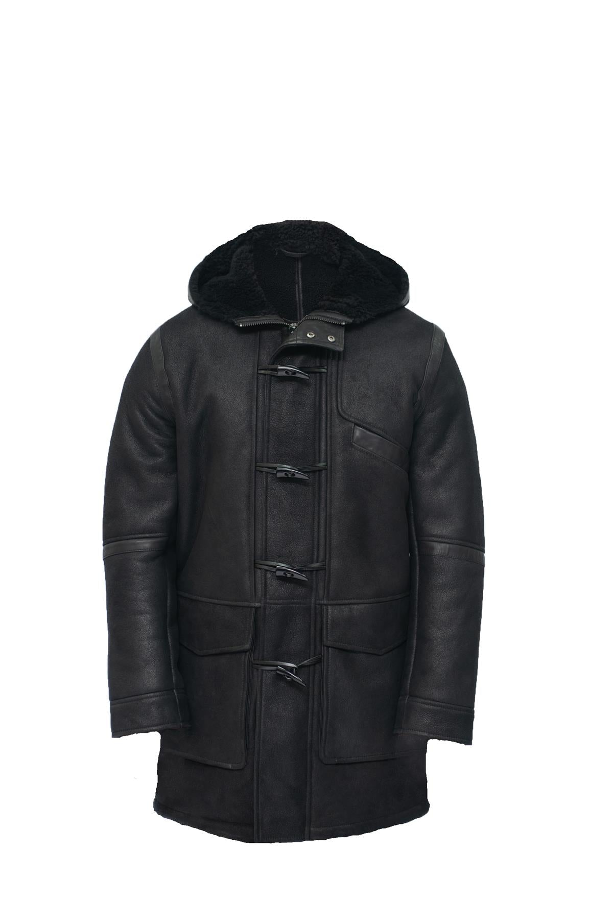 Mens Winter Sheepskin Leather Hooded Duffle Coat-Montpellier