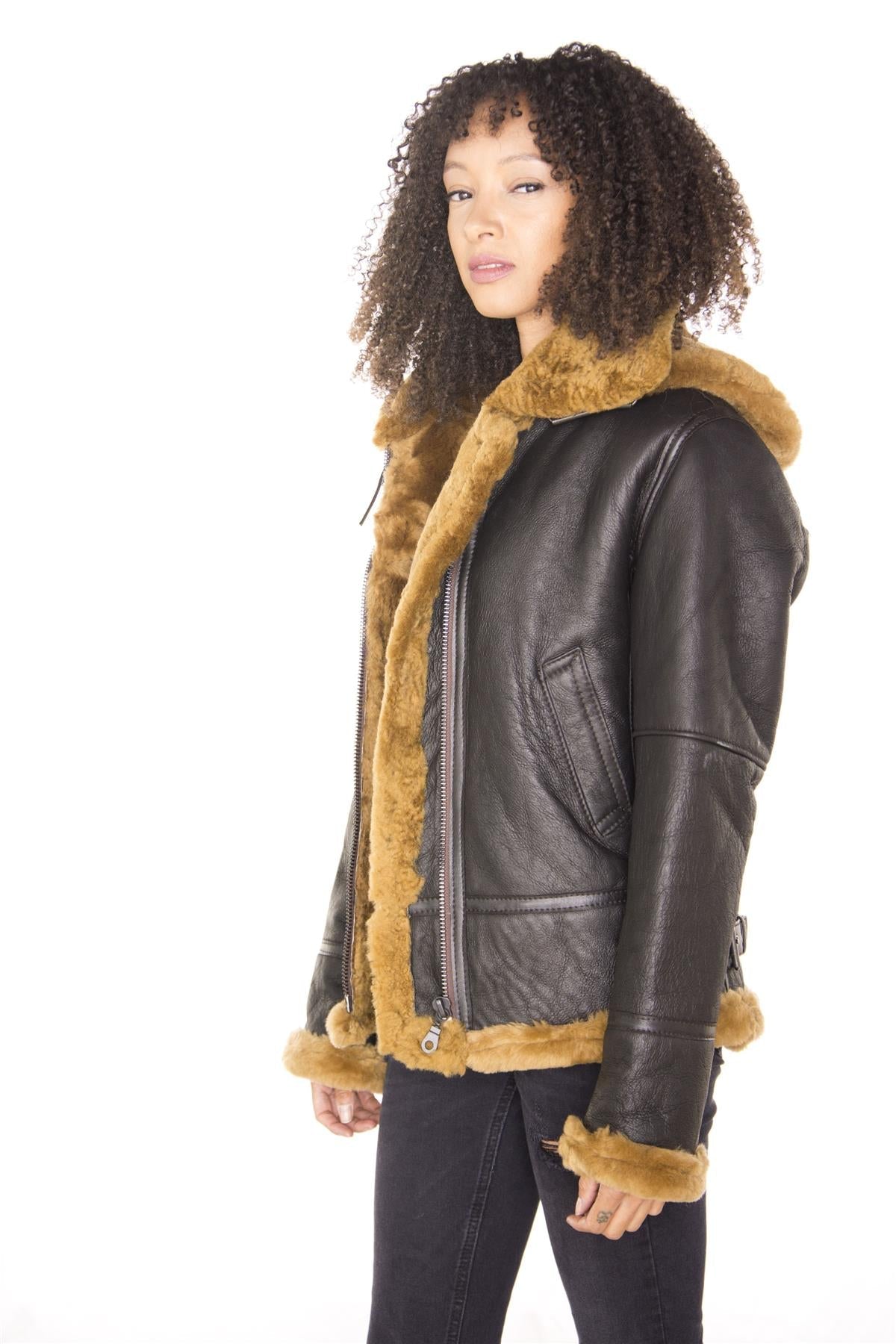 Womens Hooded Sheepskin Flying Leather Jacket-Palermo