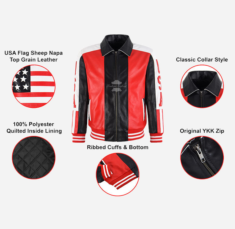90's Style USA American Flag Leather Bomber Jacket For Men's