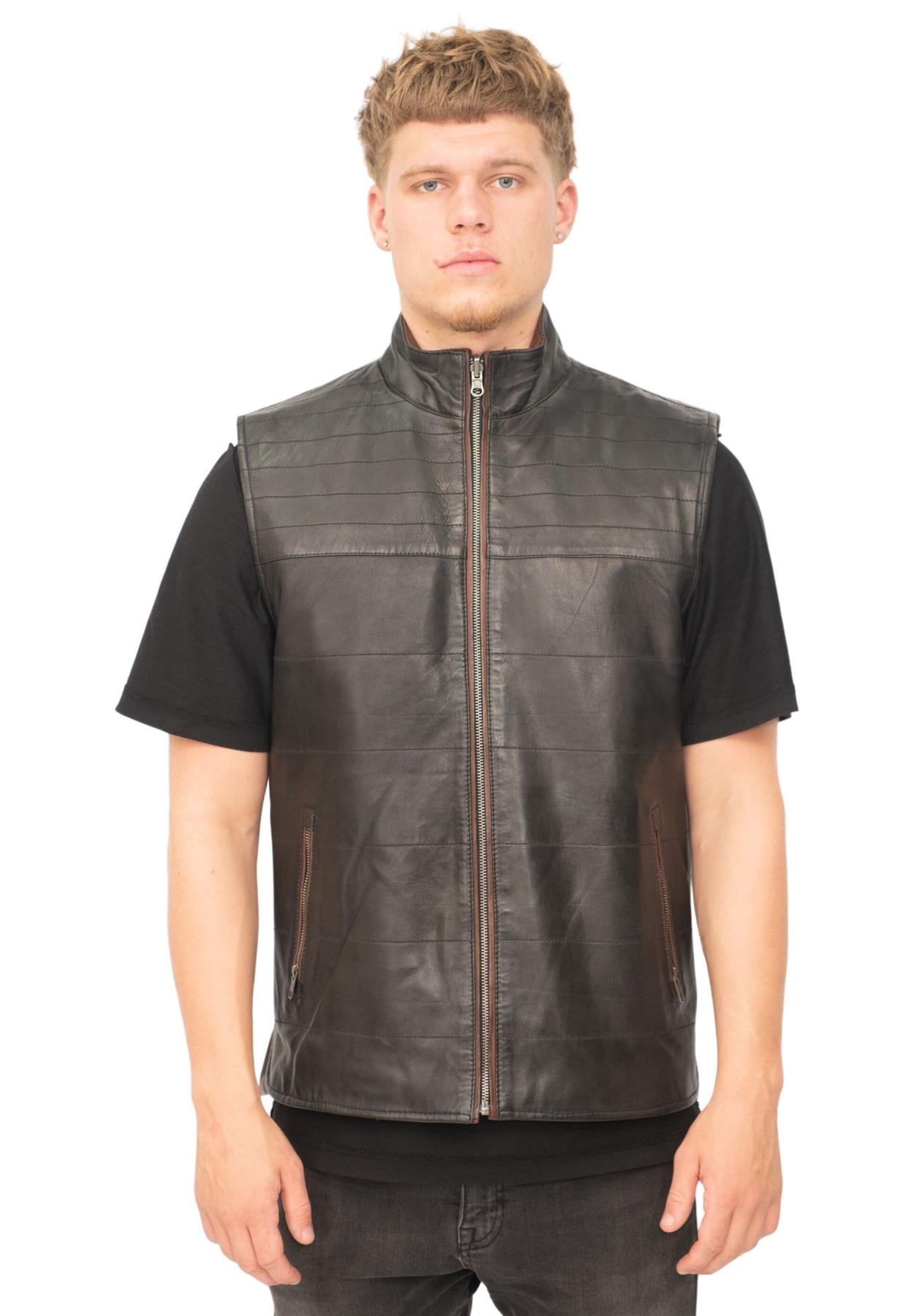Mens Reversible Black and Brown Leather Gilet-Preston