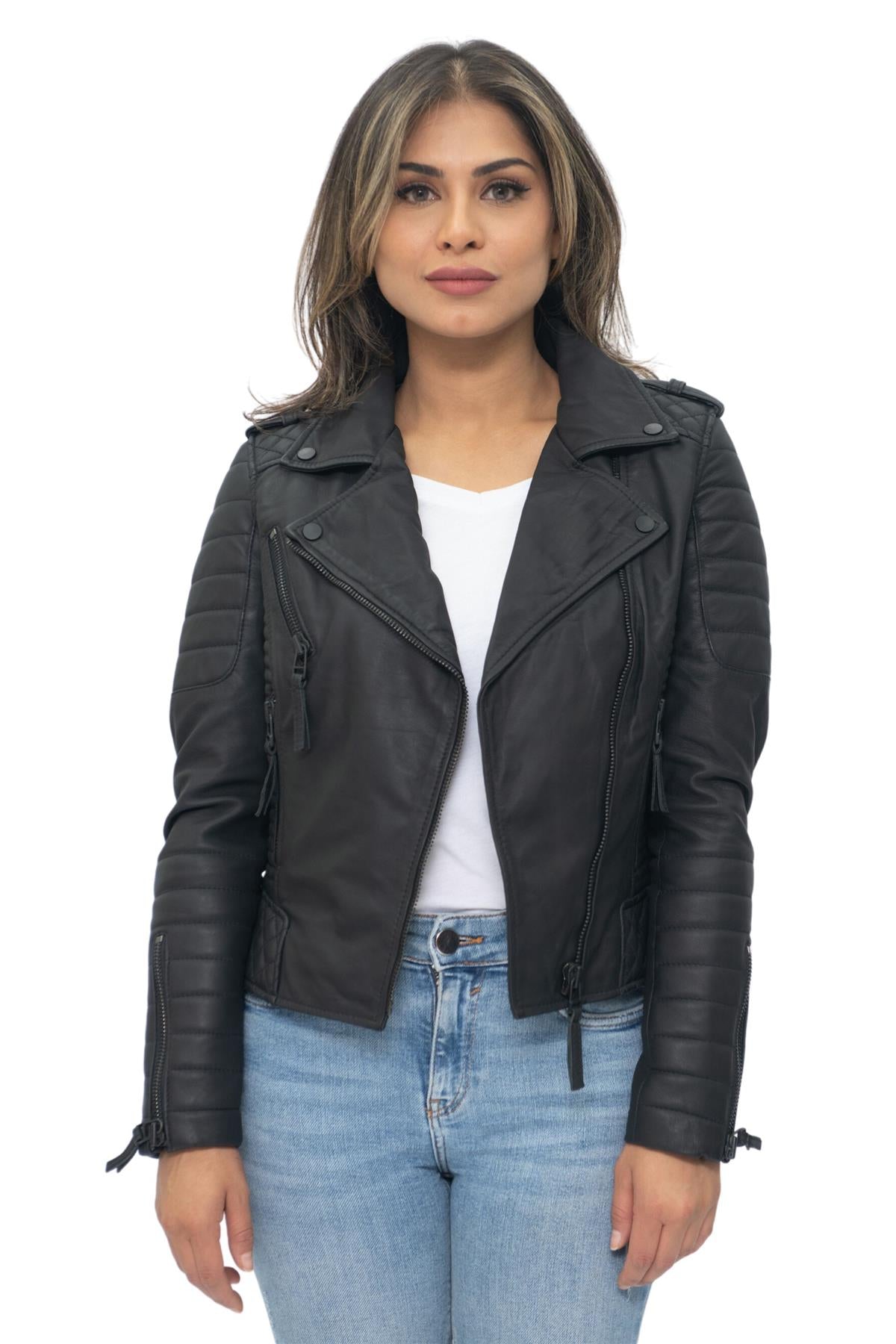 Womens Leather Quilted Vintage Brando Biker Jacket-Lusaka