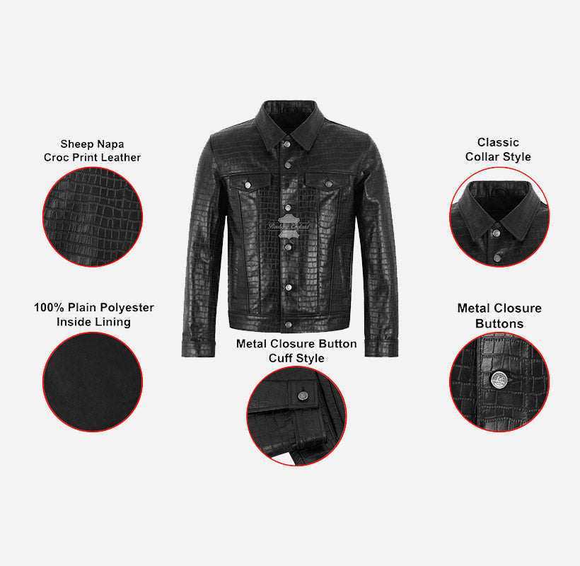 RASHFORD Men's Croc Print Leather Trucker Jacket