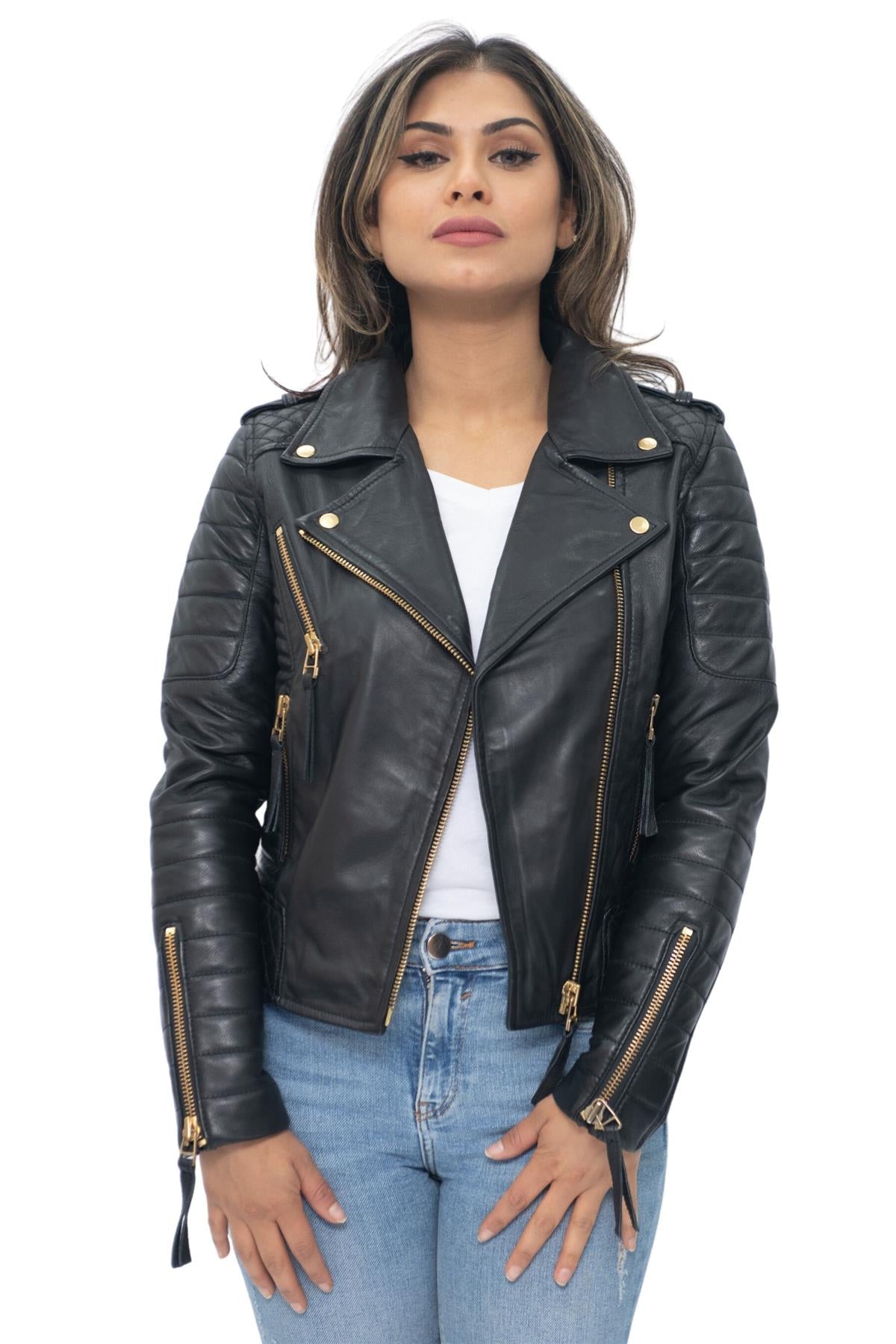 Womens Leather Quilted Vintage Brando Biker Jacket-Lusaka
