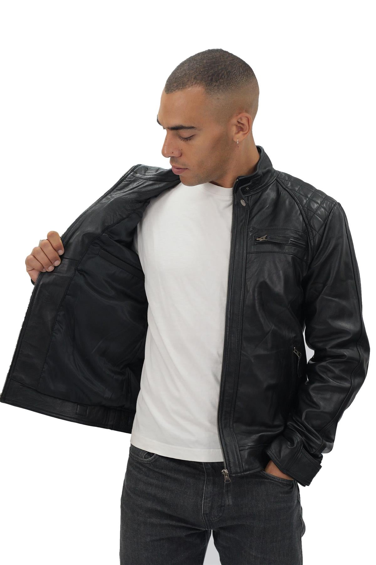 Men's Vintage Leather Quilted Biker Jacket-Monaco