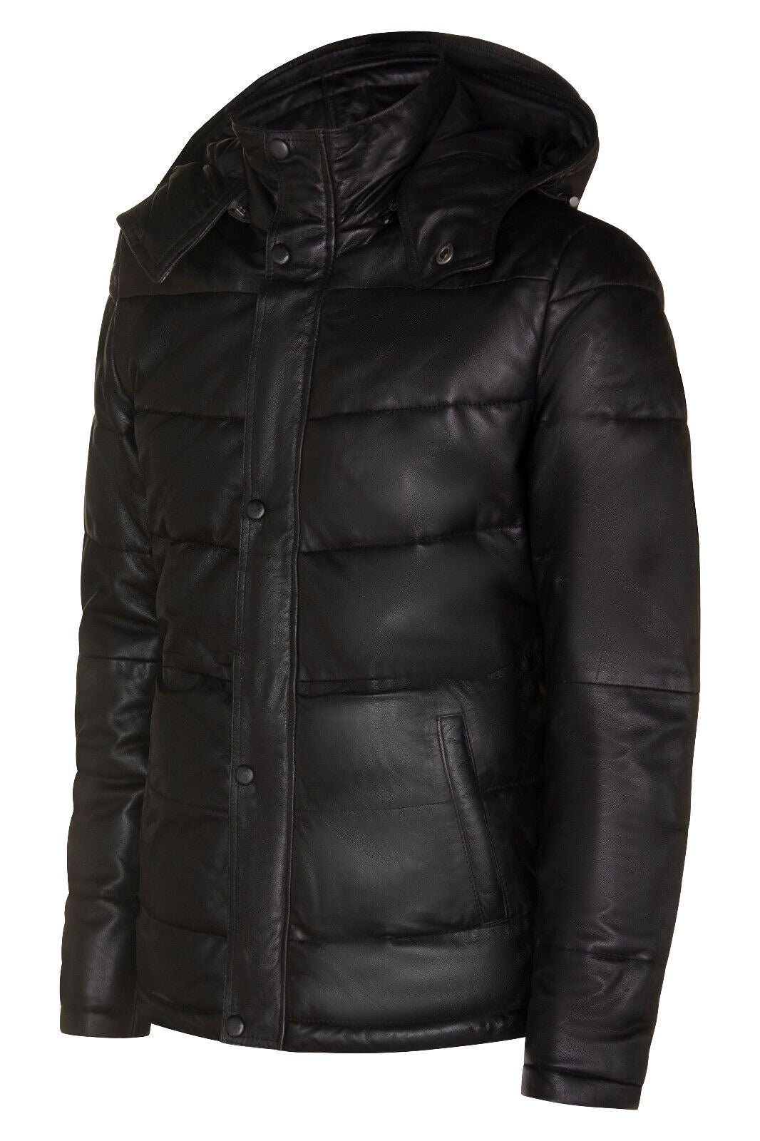 Mens Black Puffer Leather Quilted Warm Bomber Hooded Jacket