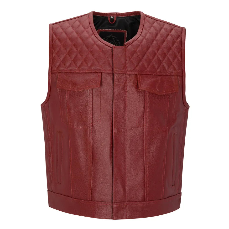 Men Diamond Stitch Real Leather Sleeveless Motorcycle Biker Best for Tall Rider
