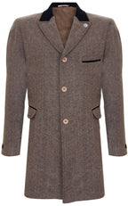 Mens 3/4 Brown Long Crombie Overcoat Jacket Herringbone Tweed Coat Peaky Blinder
