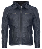 Mens Black Hooded Leather Biker Jacket-Salvador