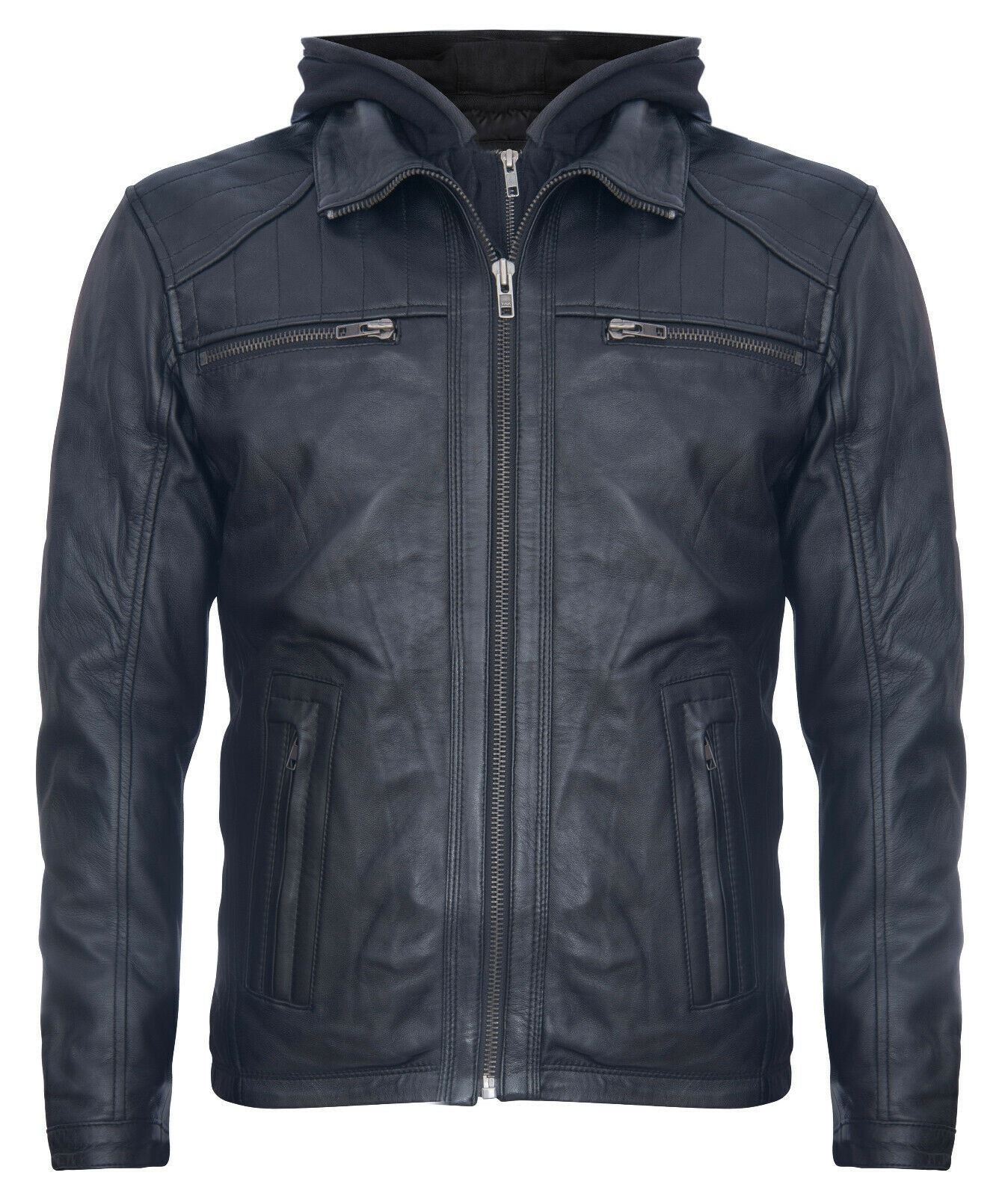 Mens Black Nappa Leather Hooded Bomber Jacket