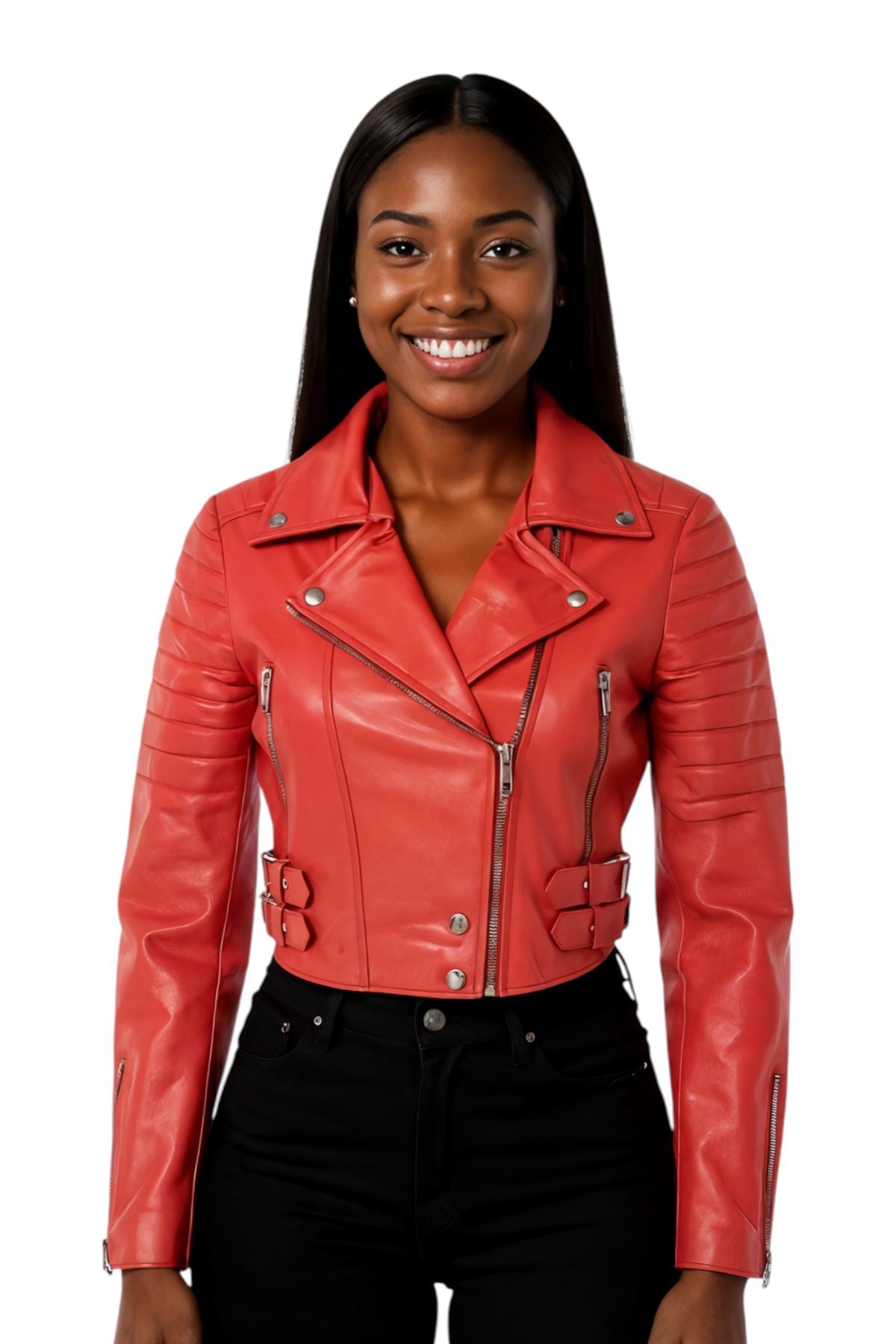 Womens Cropped Brando Leather Biker Jacket-Damascus