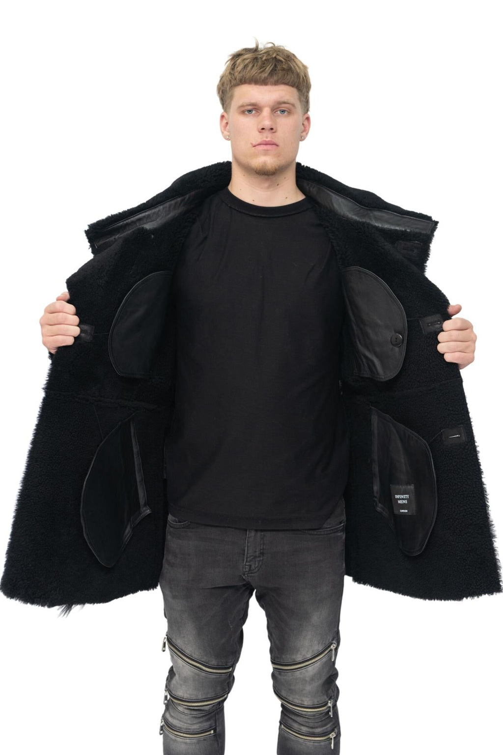 Mens Double Breasted Sheepskin Reefer Coat-Candon