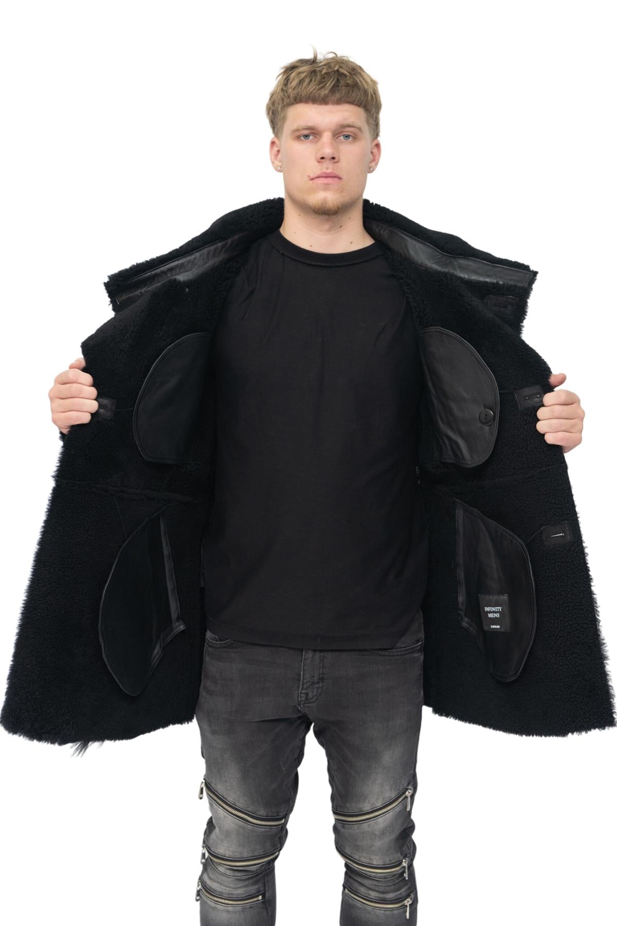 Mens Double Breasted Sheepskin Reefer Coat-Candon