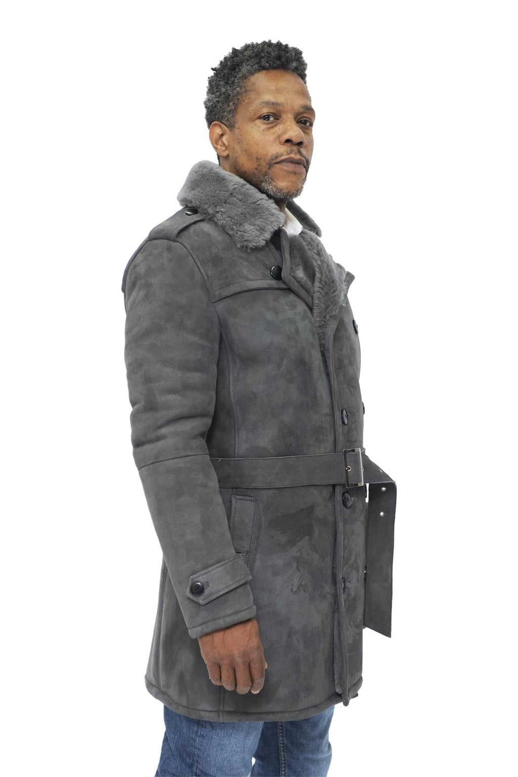 Mens Shearling Sheepskin Suede Pea Coat-Cali