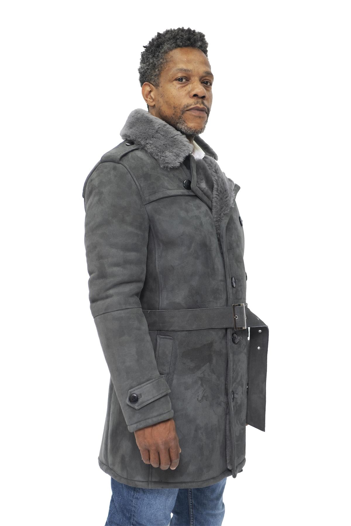Mens Shearling Sheepskin Suede Pea Coat-Cali