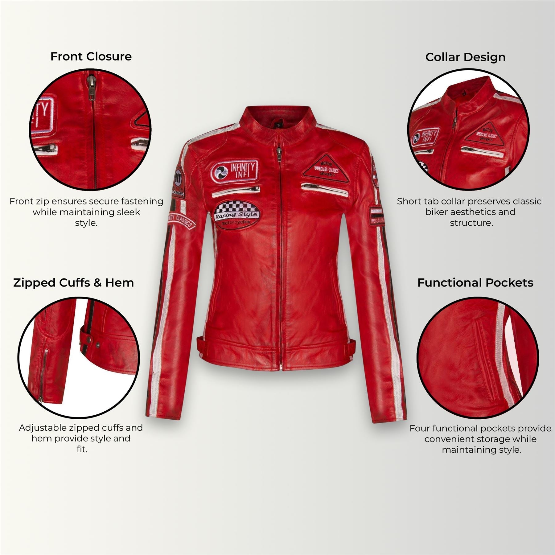 Womens Leather Biker Racing Badges Jacket-Agadir