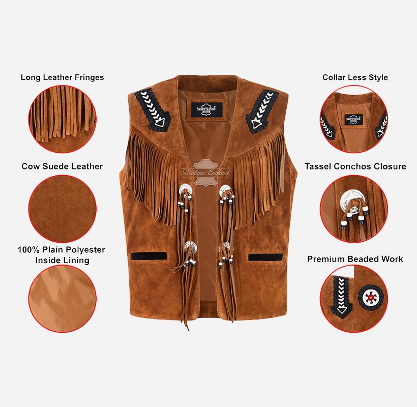 DRAYZ Men's Western Suede Fringe Leather Vest