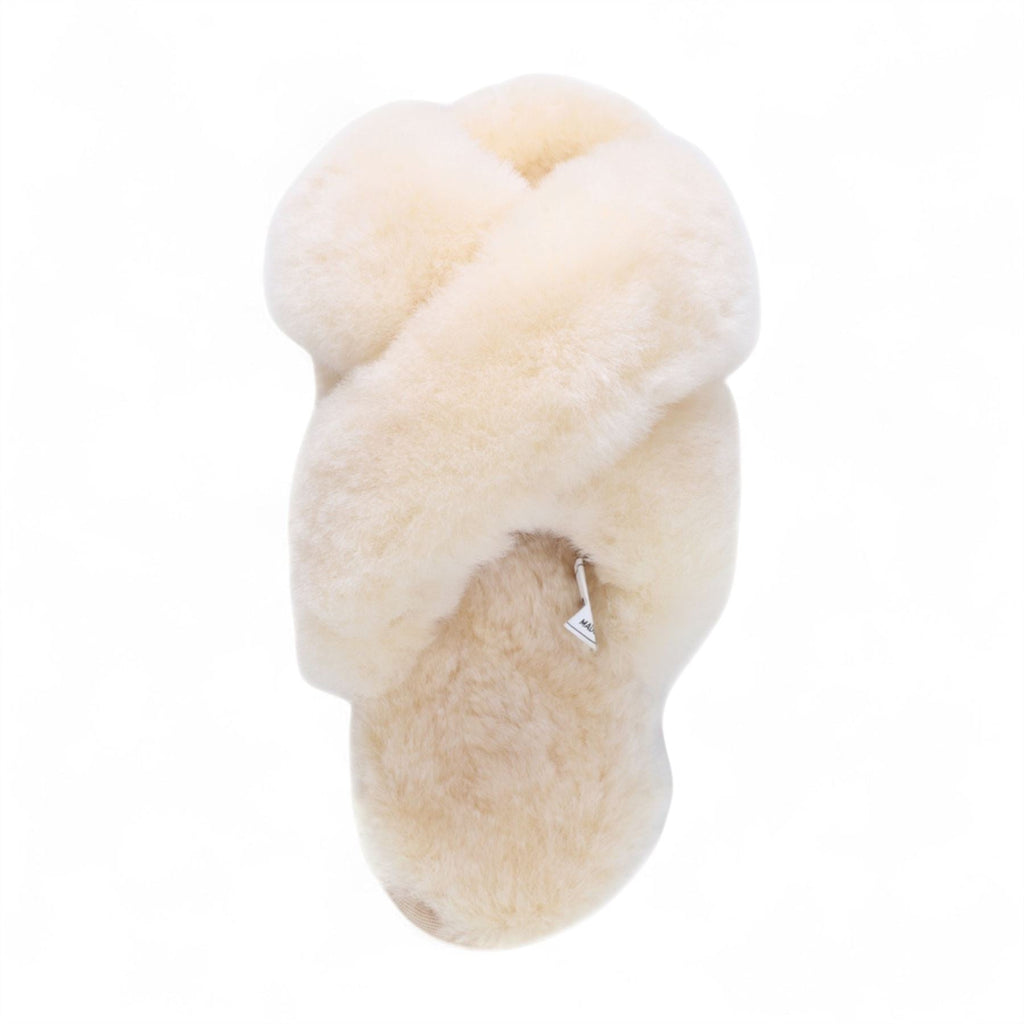 Women's Sheepskin Slippers Beige Warm Winter Fur Crossover - Snowbelle